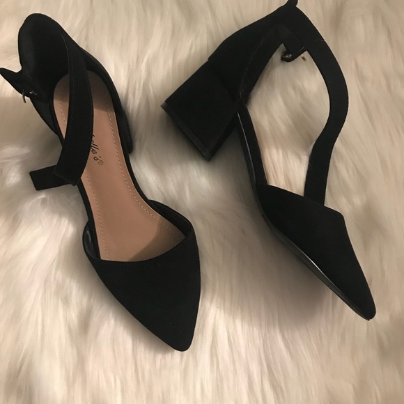 pointed ankle strap block heels